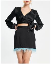 Pieces - Exclusive Faux Feather Trim Satin Mini Skirt Co-ord - Lyst