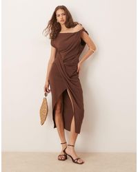 ASOS - Linen Blend Fallen Twisted Shoulder Wrap Skirt Detail Midi Dress - Lyst