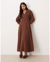 ASOS - Long Sleeve V Neck Poplin Maxi Dress - Lyst