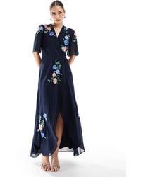 Hope & Ivy - Embroidered Flutter Sleeve Maxi Wrap Dress With Tie Waist - Lyst