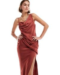 ASOS - Satin Asymmetric Shoulder Drape Bodice Maxi Dress With Side Split - Lyst