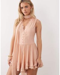 TFNC London - Low V-neck Chiffon And Lace Romper With Scarf - Lyst