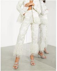ASOS Jacquard Trouser With Feather Trim - White