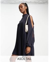ASOS - Asos Design Tall High Neck Pleated Trapeze Mini Dress With Split Sleeves - Lyst