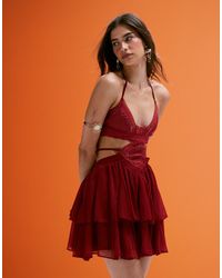ASOS - Crochet And Faux Suede Bust Cut-out Mini Dress With Tiered Skirt - Lyst