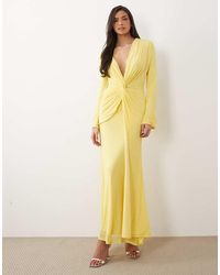 ASOS - Mesh Deep Plunge Long Sleeve Maxi Dress With Twist Knot Detail - Lyst