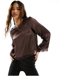 River Island - Long Sleeve Satin Lace Mix Blouse - Lyst