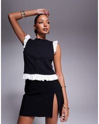 ASOS - Mini Rib Monochrome Button Through Top With Frill Shoulder - Lyst
