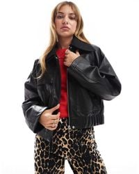 ASOS - Leather Look Bomber Jacket With Knitted Collar - Lyst