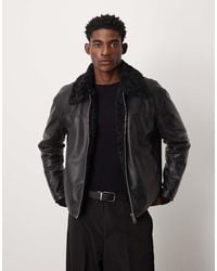 ASOS - Chaqueta Harrington Negra De Cuero Sintético Con Solapas De Borreguito De - Lyst