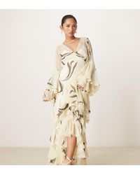 ASOS - Asos Design Petite- Vestito Lungo Color Limone A Fiori Con Scollo Profondo, Volant E Inserti - Lyst