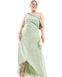 Tfnc Plus - Bridesmaid Satin Fallen Shoulder Maxi Dress With Wrap Skirt - Lyst