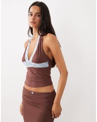 Tiger Mist - Calina Butter Touch Slinky Contrast Lace Trim Halterneck Top Co-ord - Lyst