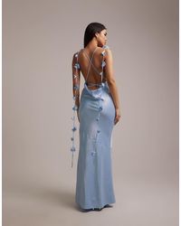 Wanderdoll - Aria Satin Cowl Neck Drape Flower Detail Cross Back Maxi Dress - Lyst