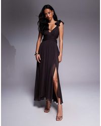 Forever New - Vestito Color Cioccolato Con Volant Sulle Spalle E Gonna Al Polpaccio - Lyst