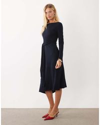 Mango - Boat Neck Long Sleeve Midi Dress With Tie Waist - Lyst
