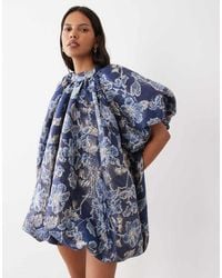 Sister Jane - Aquilla Jacquard High Neck Puff Sleeve Bubble Hem Mini Dress - Lyst