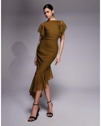 ASOS - High Neckline Midaxi Dress With Flutter Sleeve And Asymmetric Hem Shape With Lace Trim Detailing - Lyst