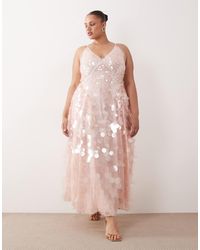ARRANGE Cutwork Floral Midi Dress With Fringe Hem in Pink | Lyst