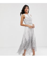 Chi Chi London Premium Lace Midi Dress With Dip Hem In White