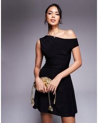 Kaiia - Exclusive Double Layered Slinky Off Shoulder Drape Detail Fitted Waist Mini Skater Dress - Lyst