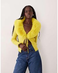Miss Selfridge - Tie Front Cardigan With Fur Collar And Cuff - Lyst