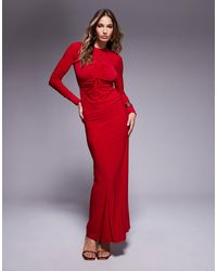ASOS - Robe longue près du corps à manches longues et fronces avec détail doré - Lyst