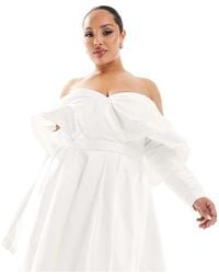 ASOS - Asos Design Curve Lila Satin Structured Off Shoulder Mini Wedding Dress With Full Skirt In - Lyst