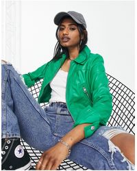 Bershka Zip Up Collar Detail Faux Leather Jacket - Green
