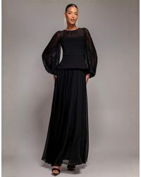 Goddiva - Bishop Sleeve Peplum Top Sculpting Stretch Jersey Crepe And Chiffon Maxi Dress - Lyst