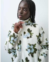 Pieces - Zip Front Floral Print Teddy Jacket - Lyst