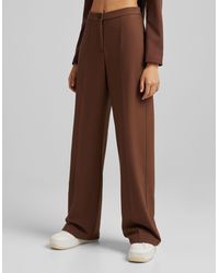 Bershka Wide Leg Slouchy Dad Tailored Trousers - Brown