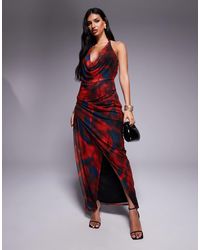 ASOS - Robe mi-longue dos nu en tulle à imprimé abstrait et décolleté plongeant avec jupe portefeuille - rouge et bleu - Lyst