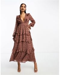 ASOS - Textured Plunge Tiered Maxi Dress With Tie Back - Lyst