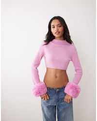 Miss Selfridge - Pull en maille à col rond avec poignets en faux-fur - Lyst