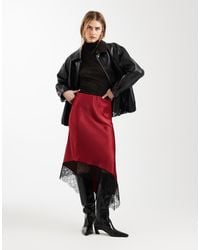 ASOS - Satin Asymmetric Lace Trim Midi Skirt - Lyst