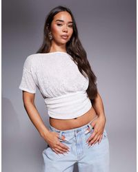 ASOS - Texture Sheer Asymmetric One Shoulder Short Sleeve Top With Cinch Waist Detail - Lyst