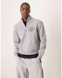 ASOS - Sudadera Gris Jaspeado De Corte Cuadrado Con Estampado A Tono Y Cremallera Corta De Tejido Grueso De 400 G/M² Premium De - Lyst