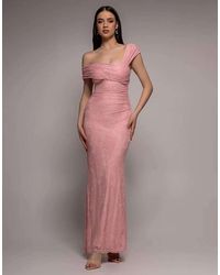 Goddiva - One Shoulder Pleated Bardot Lace Maxi Dress - Lyst