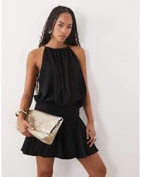 ASOS - Satin High Neck Drop Waist Flippy Mini Dress - Lyst