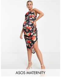 ASOS - Asos design maternity - vestito longuette midi a fiori con scollo ad anello - Lyst