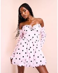 ASOS - Cotton Poplin Bandeau Mini Dress With Puffball Skirt And Embellished Bow - Lyst