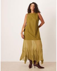 ASOS Drop Waist Velvet Maxi Dress With Sheer Godet Skirt in Green | Lyst