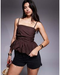 River Island - Top Marrón Con Escote Palabra De Honor De Popelina De - Lyst