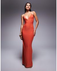 Fashionkilla - Vestido Largo Ceñido De Tejido Doble Con Cuello Halter Cruzado Y Ribete De Encaje De - Lyst