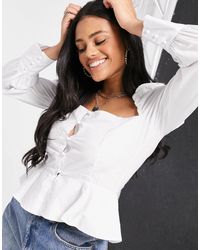 Missguided Long Sleeve Peplum Blouse With Square Neck - White