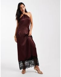 Miss Selfridge - Satin And Lace Halter Maxi Dress - Lyst
