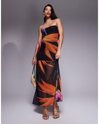 Kaiia - Exclusive Double Layered Slinky Mesh Floral Bandeau Gathered Sheer Hem Maxi Dress - Lyst