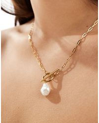 ASOS - Stainless Steel Necklace With Open Link Tbar And Faux Freshwater Pearl Pendant - Lyst