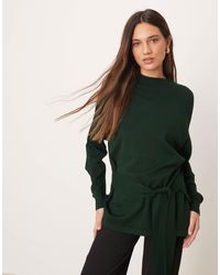 Mango - Pull en maille à col montant et taille nouée - kaki - Lyst